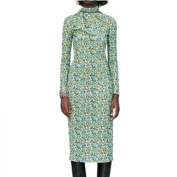 Zara Dresses & Skirts - Zara green blue floral long-sleeve midi dress high neck Kentucky Derby Medium